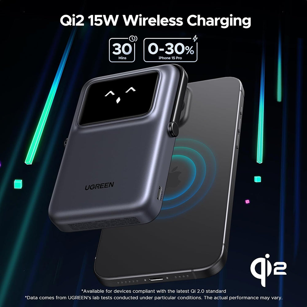UGREEN PB764 Uno langaton ulkoinen akku, 10000mAh, 20W, PD + FQI, 1 x QI - 1 x USB-C, Harmaa