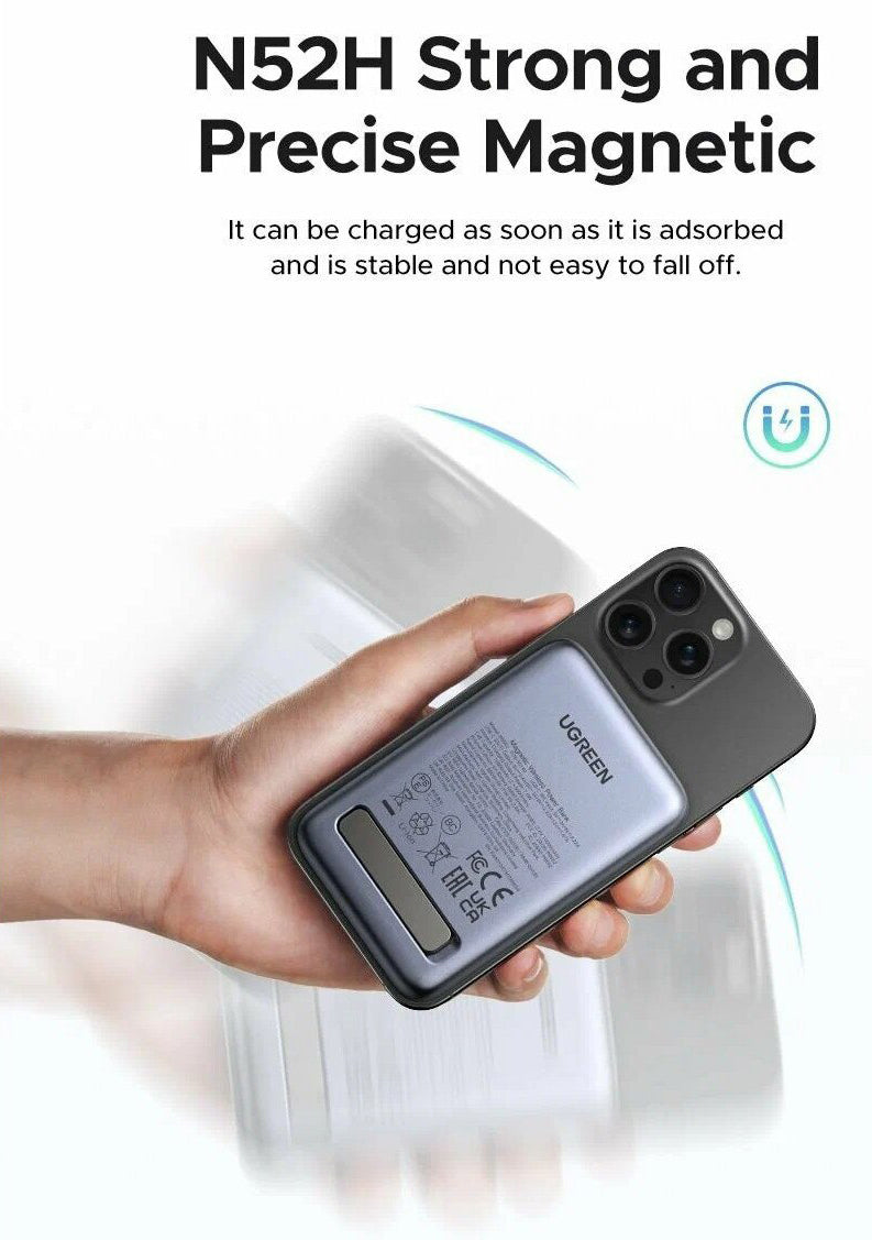 Ulkoinen langaton akku UGREEN PB562, 10000mAh, 20W, PD + FQI, 1 x QI - 1 x USB-C, Musta
