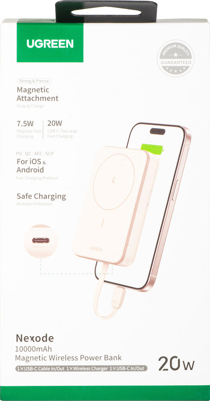 UGREEN PB760 Langaton Ulkoinen Akku, 10000mAh, 20W, PD + FQI, 1 x QI - 1 x USB-C, Beige