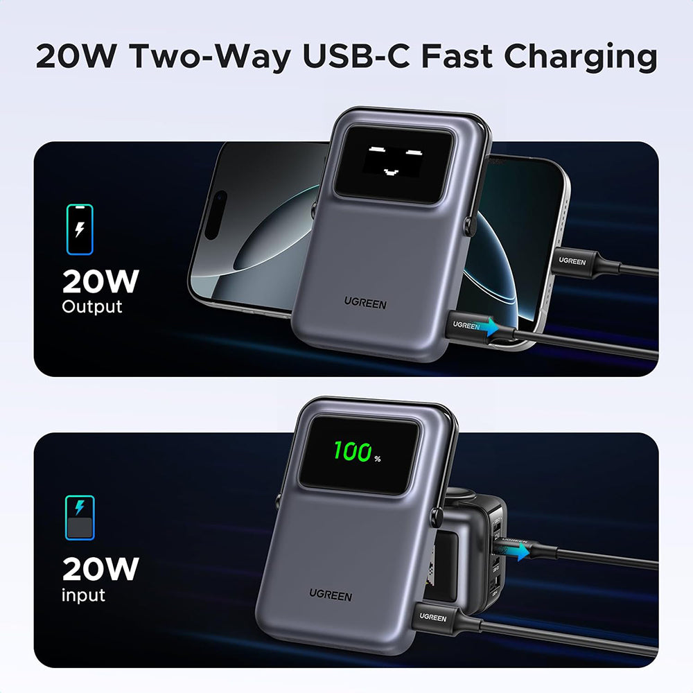 UGREEN PB764 Uno langaton ulkoinen akku, 10000mAh, 20W, PD + FQI, 1 x QI - 1 x USB-C, Harmaa
