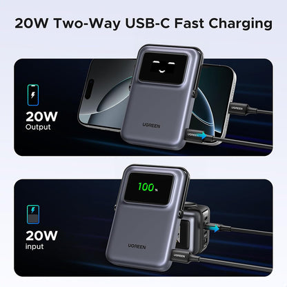 UGREEN PB764 Uno langaton ulkoinen akku, 10000mAh, 20W, PD + FQI, 1 x QI - 1 x USB-C, Harmaa