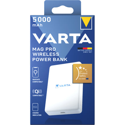 Varta Mag Pro langaton ulkoinen akku, 5000mAh, 12W, 1 x QI - 1 x USB-C, Valkoinen