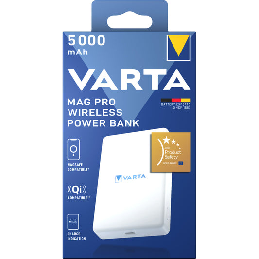 Varta Mag Pro langaton ulkoinen akku, 5000mAh, 12W, 1 x QI - 1 x USB-C, Valkoinen