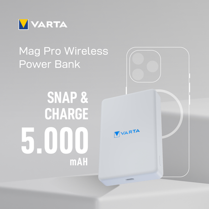 Varta Mag Pro langaton ulkoinen akku, 5000mAh, 12W, 1 x QI - 1 x USB-C, Valkoinen