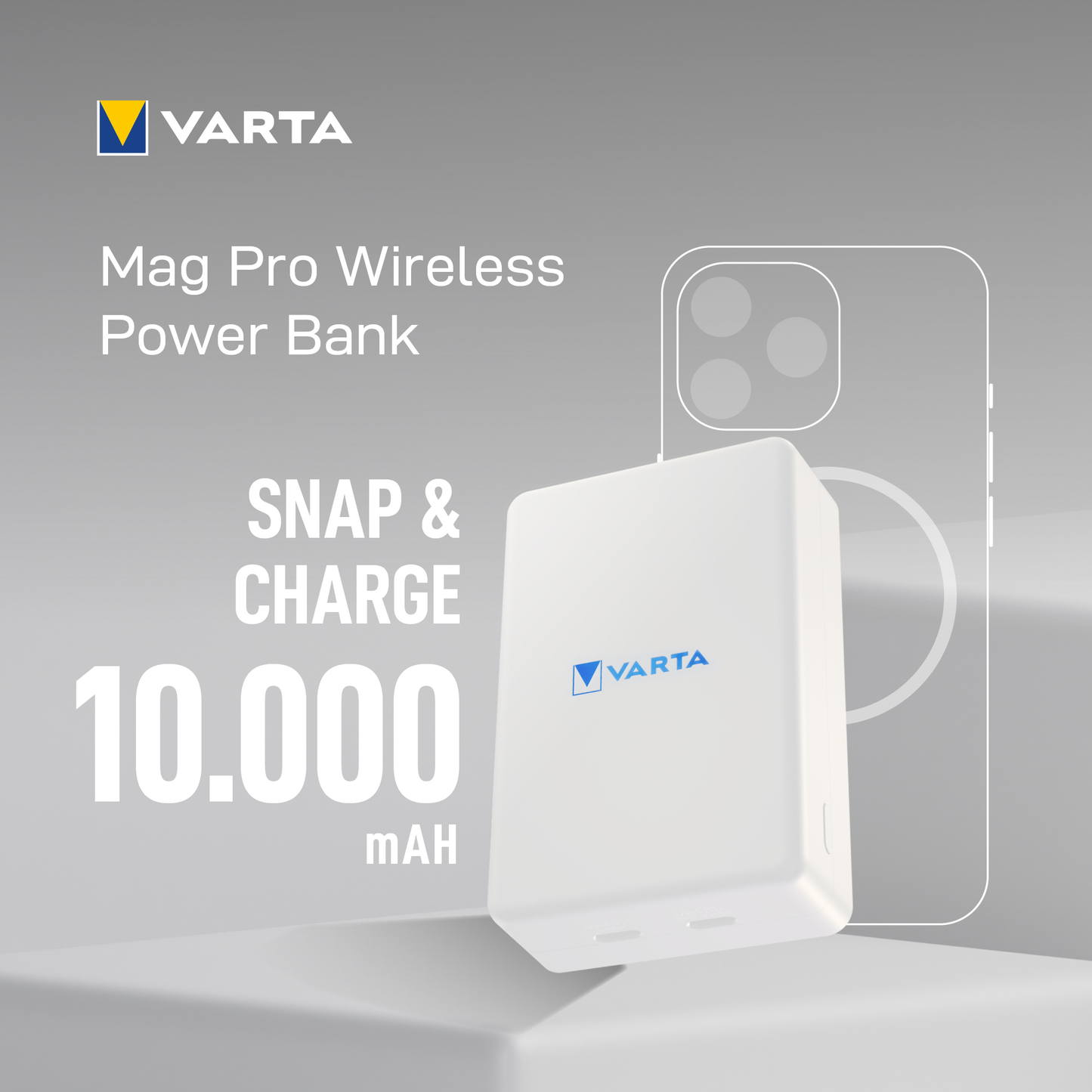 Varta Mag Pro langaton ulkoinen akku, 10000mAh, 20W, 1 x QI - 2 x USB-C, Valkoinen