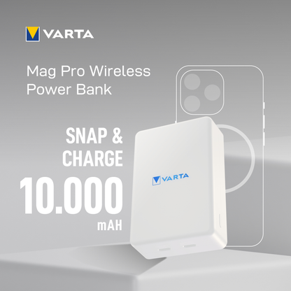 Varta Mag Pro langaton ulkoinen akku, 10000mAh, 20W, 1 x QI - 2 x USB-C, Valkoinen