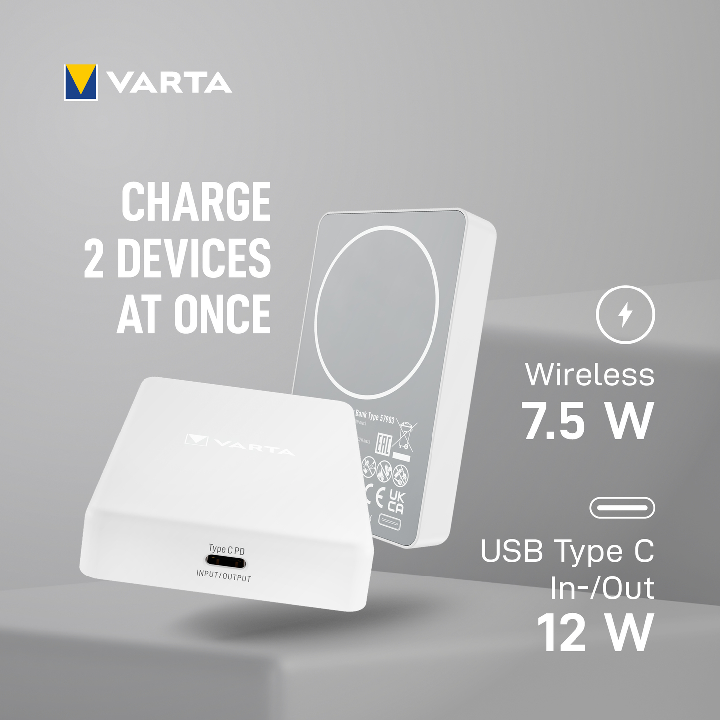 Varta Mag Pro langaton ulkoinen akku, 5000mAh, 12W, 1 x QI - 1 x USB-C, Valkoinen