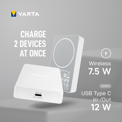 Varta Mag Pro langaton ulkoinen akku, 5000mAh, 12W, 1 x QI - 1 x USB-C, Valkoinen