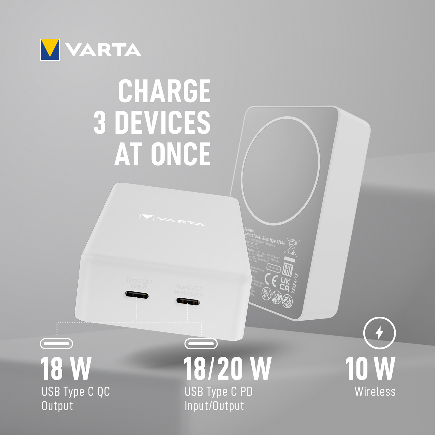 Varta Mag Pro langaton ulkoinen akku, 10000mAh, 20W, 1 x QI - 2 x USB-C, Valkoinen