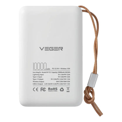 Langaton ulkoinen akku Veger VP1151 / W1151, 10000mAh, 22.5W, QC + PD + FQI, 1 x QI - 1 x USB-A - 1 x USB-C, Valkoinen