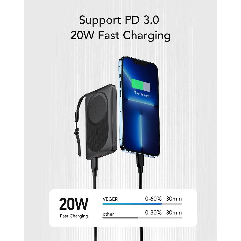 Langaton ulkoinen akku Veger VP1151 / W1151, 10000mAh, 22.5W, QC + PD + FQI, 1 x QI - 1 x USB-A - 1 x USB-C, Musta