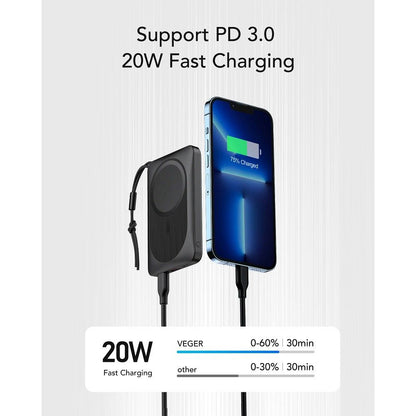 Langaton ulkoinen akku Veger VP1151 / W1151, 10000mAh, 22.5W, QC + PD + FQI, 1 x QI - 1 x USB-A - 1 x USB-C, Musta