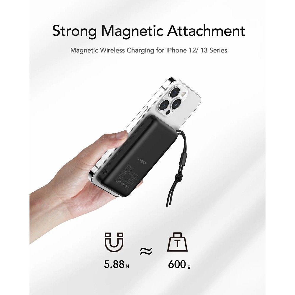 Langaton ulkoinen akku Veger VP1151 / W1151, 10000mAh, 22.5W, QC + PD + FQI, 1 x QI - 1 x USB-A - 1 x USB-C, Musta