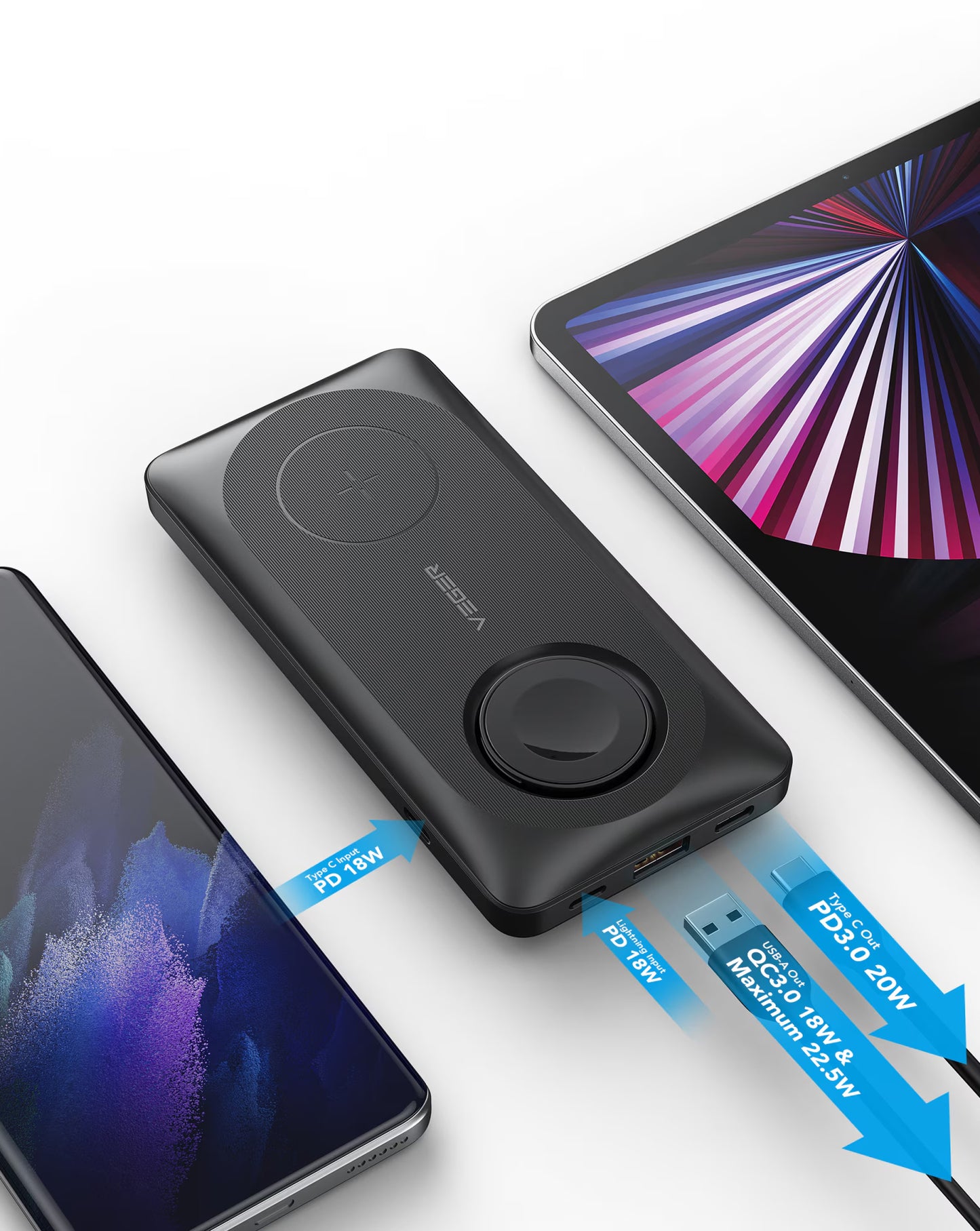 Langaton ulkoinen akku Veger MagMulti W1156, 10000mAh, 22.5W, QC + PD + FQI, 2 x QI - 1 x USB-A - 1 x USB-C, Musta