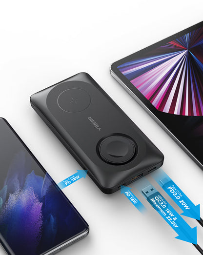 Langaton ulkoinen akku Veger MagMulti W1156, 10000mAh, 22.5W, QC + PD + FQI, 2 x QI - 1 x USB-A - 1 x USB-C, Musta