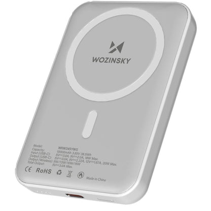 Langaton ulkoinen akku WZK WRW349YWS, 10000mAh, 20W, PD + FQI, 1 x QI - 1 x USB-C, Valkoinen