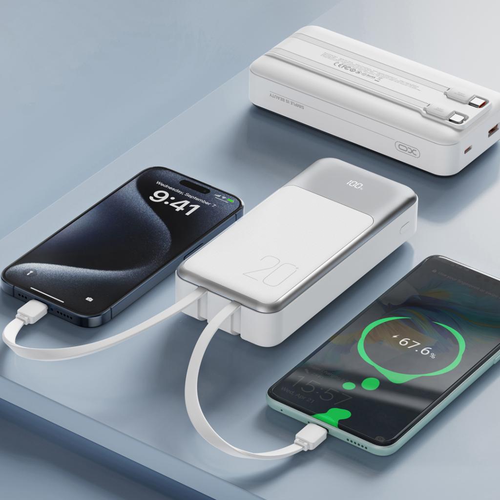 XO Design PR249 Ulkoinen Akku, 20000mAh, 22.5W, QC + PD, 1 x Lightning - 1 x USB-A - 2 x USB-C, Valkoinen