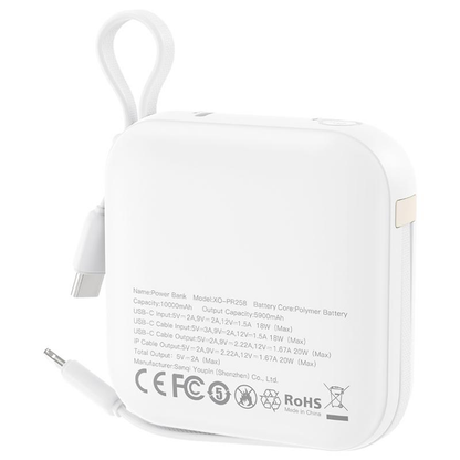 XO Design PR258 Ulkoinen Akku, 10000mAh, 20W, QC + PD, 1 x Lightning - 1 x USB-C, Beige