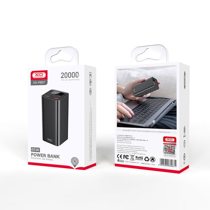 XO Design PB97 Ulkoinen Akku, 20000mAh, 65W, QC + PD, 2 x USB-A - 2 x USB-C, Musta