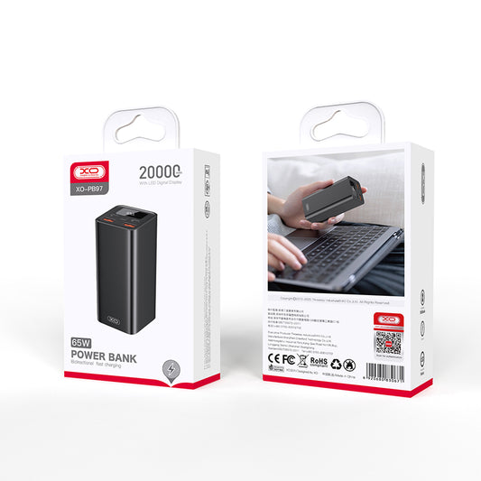 XO Design PB97 Ulkoinen Akku, 20000mAh, 65W, QC + PD, 2 x USB-A - 2 x USB-C, Musta