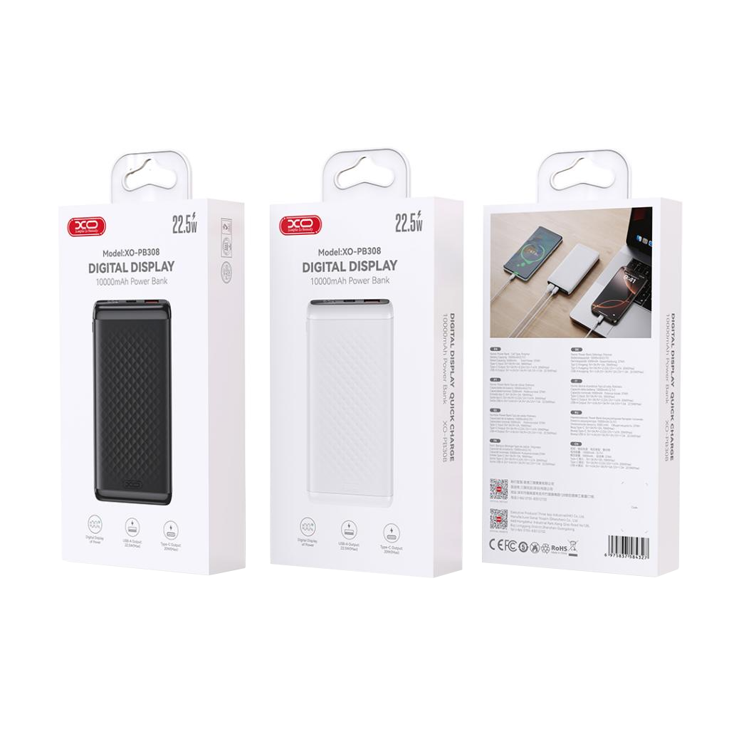 XO Design PB308 ulkoinen akku, 10000mAh, 22.5W, QC + PD, 1 x USB-A - 1 x USB-C, Musta