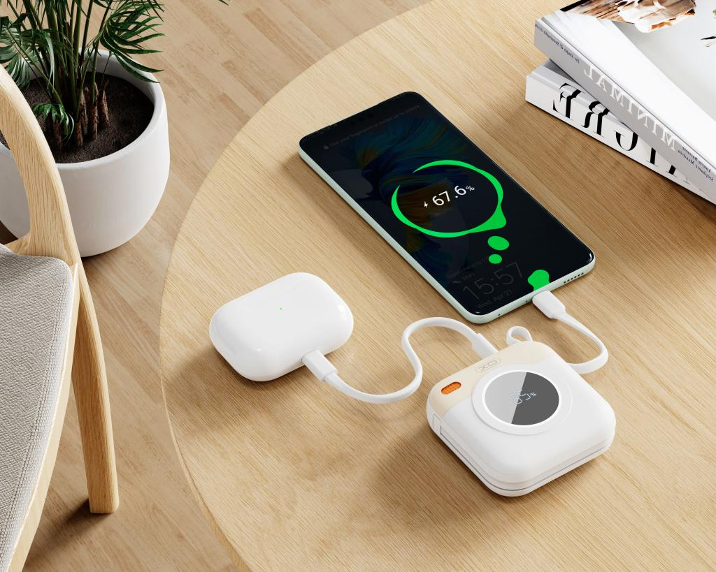 XO Design PR258 Ulkoinen Akku, 10000mAh, 20W, QC + PD, 1 x Lightning - 1 x USB-C, Beige