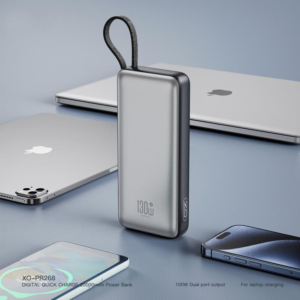 Ulkoinen akku XO Design PR268, 20000mAh, 130W, QC + PD, 1 x USB-A - 2 x USB-C, Harmaa