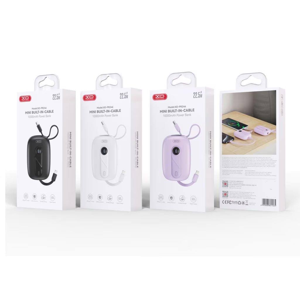 Ulkoinen akku XO Design PR246, 10000mAh, 22.5W, PD, 1 x Lightning - 2 x USB-C, Violetti