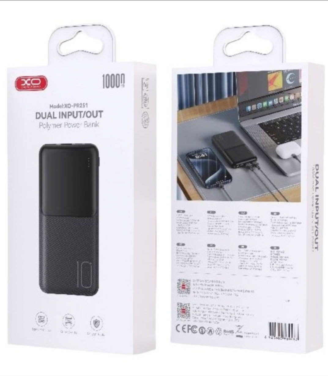 Ulkoinen akku XO Design PR251, 10000mAh, 10W, 2 x USB-A, Musta