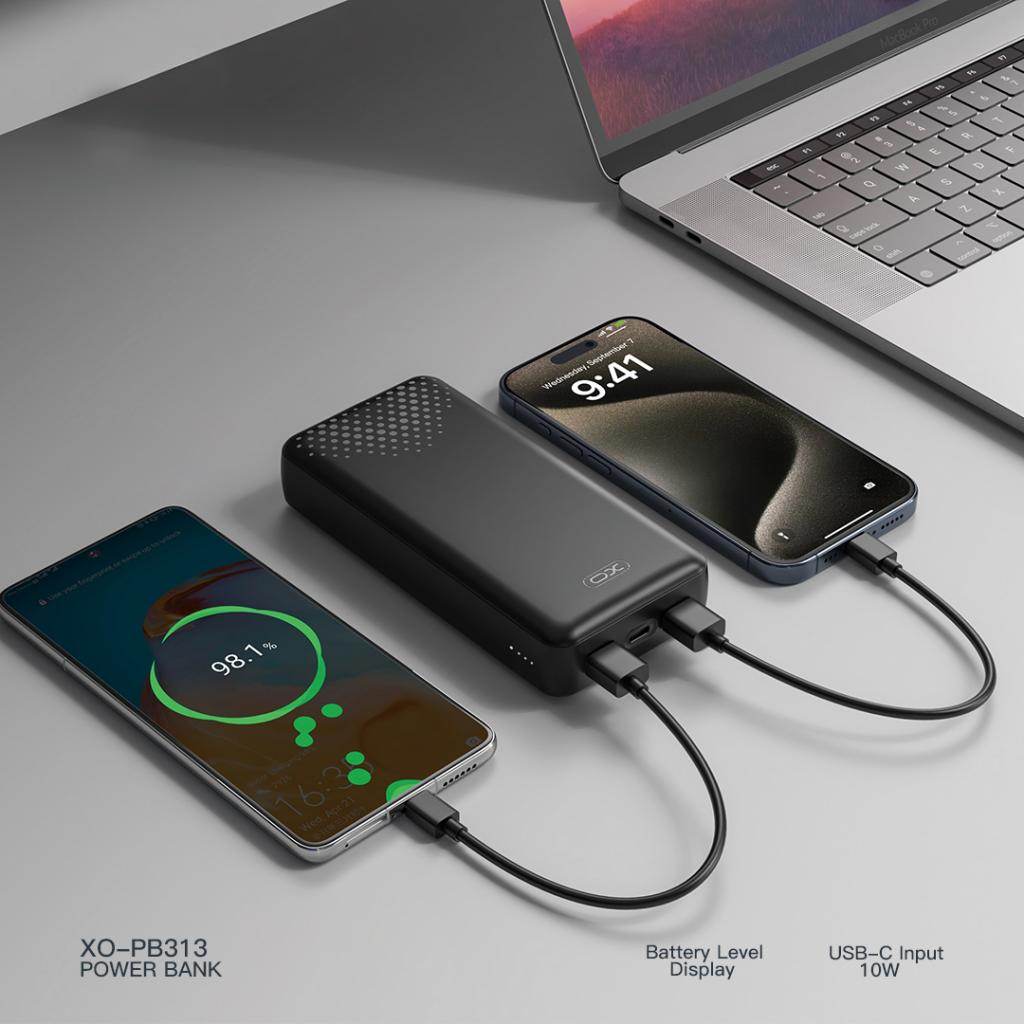 XO Design PB313 ulkoinen akku, 20000mAh, 10W, 2 x USB-A, musta