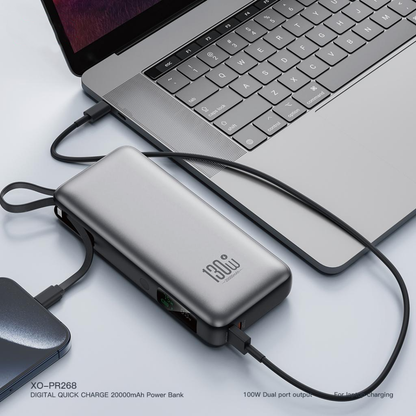 Ulkoinen akku XO Design PR268, 20000mAh, 130W, QC + PD, 1 x USB-A - 2 x USB-C, Harmaa