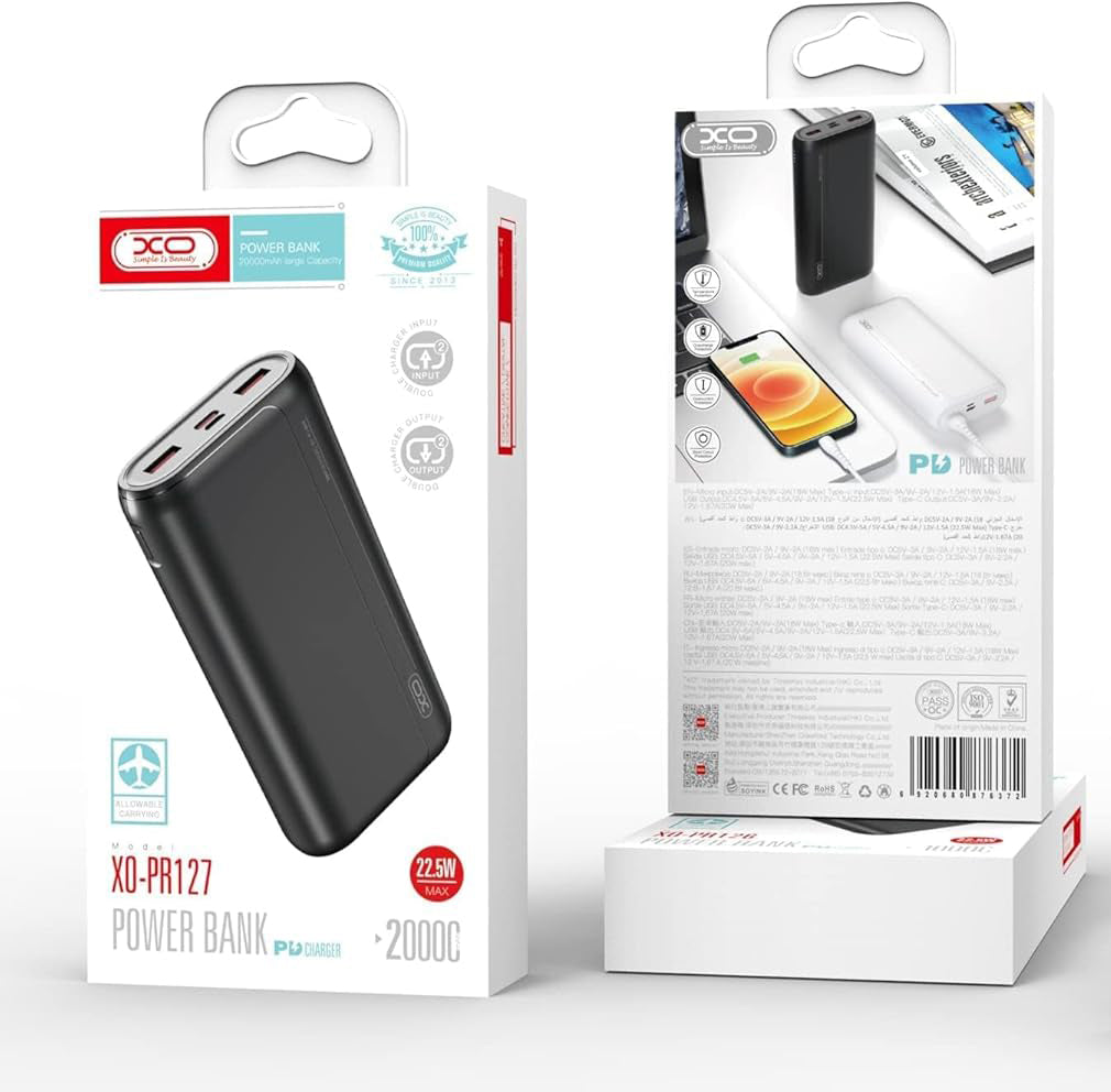 XO Design PR127 Ulkoinen Akku, 20000mAh, 22.5W, QC + PD, 1 x USB-C - 2 x USB-A, Musta