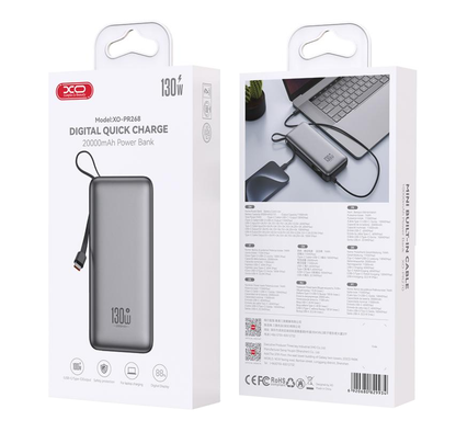 Ulkoinen akku XO Design PR268, 20000mAh, 130W, QC + PD, 1 x USB-A - 2 x USB-C, Harmaa