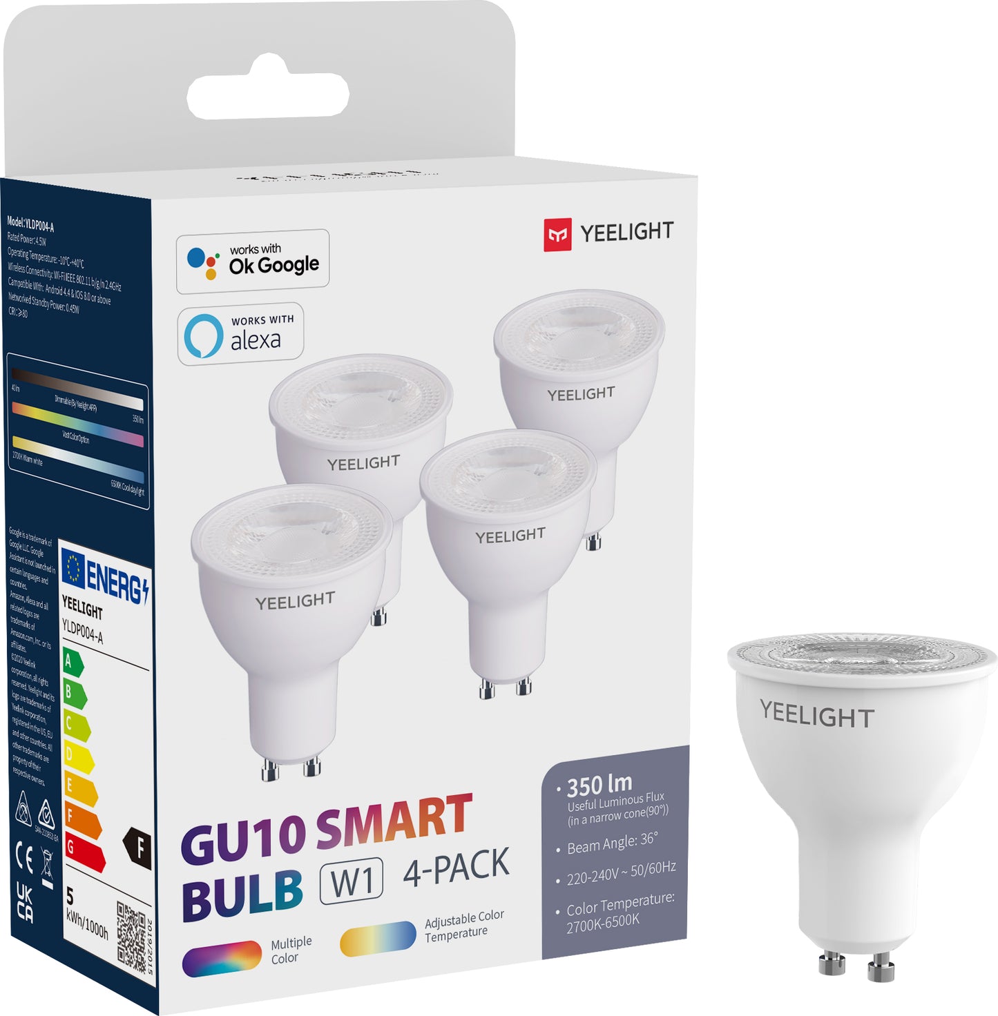 LED-lamppu Yeelight W1, Wi-Fi, GU10, 4.5W, 2700K - 6500K, 350lm, 4 kappaleen setti, Monivärinen YLDP004-A