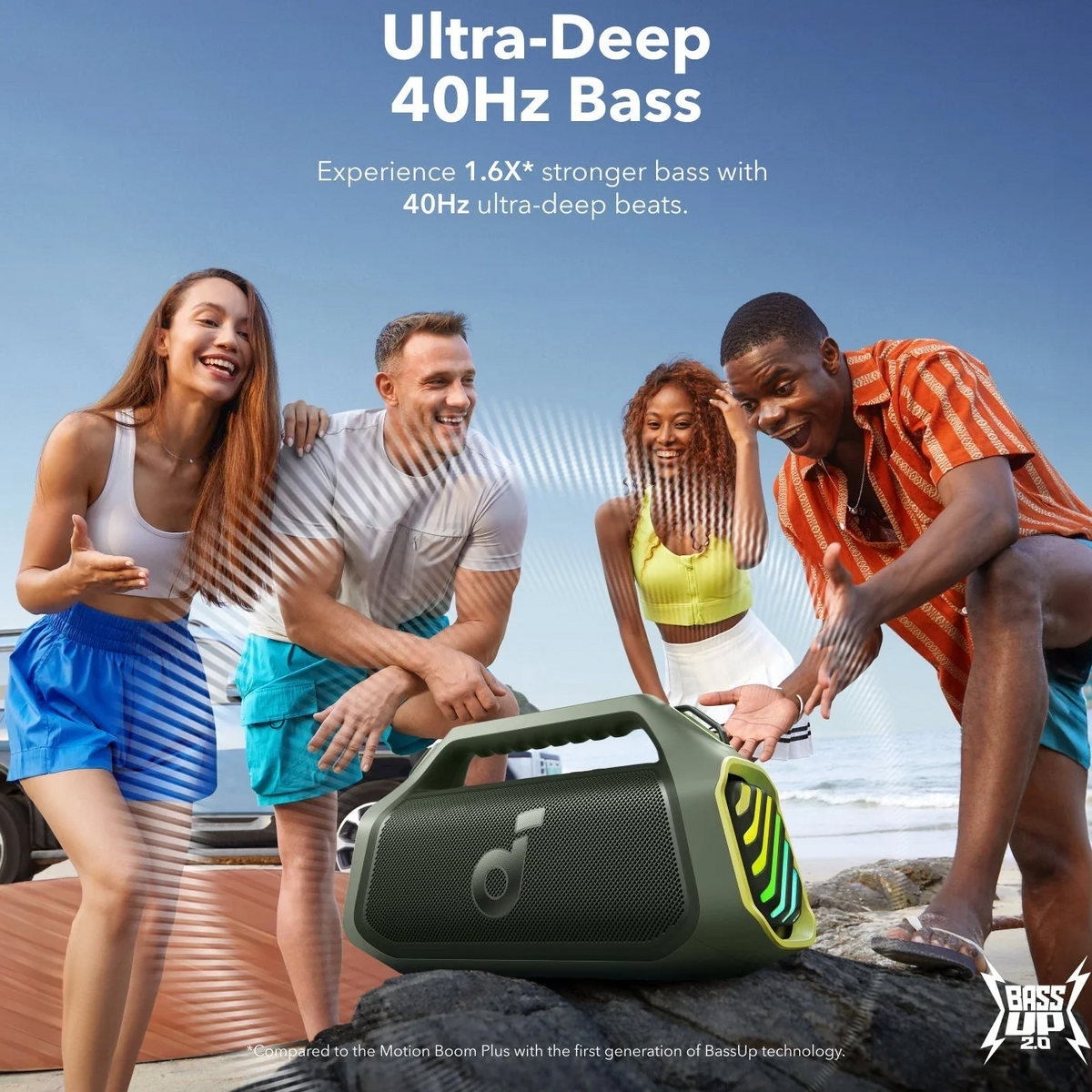 Kannettava Bluetooth-kaiutin Anker SoundCore Boom 2 Plus, 140W, TWS, RGB, vedenkestävä, vihreä, uudelleenpakattu A3134061