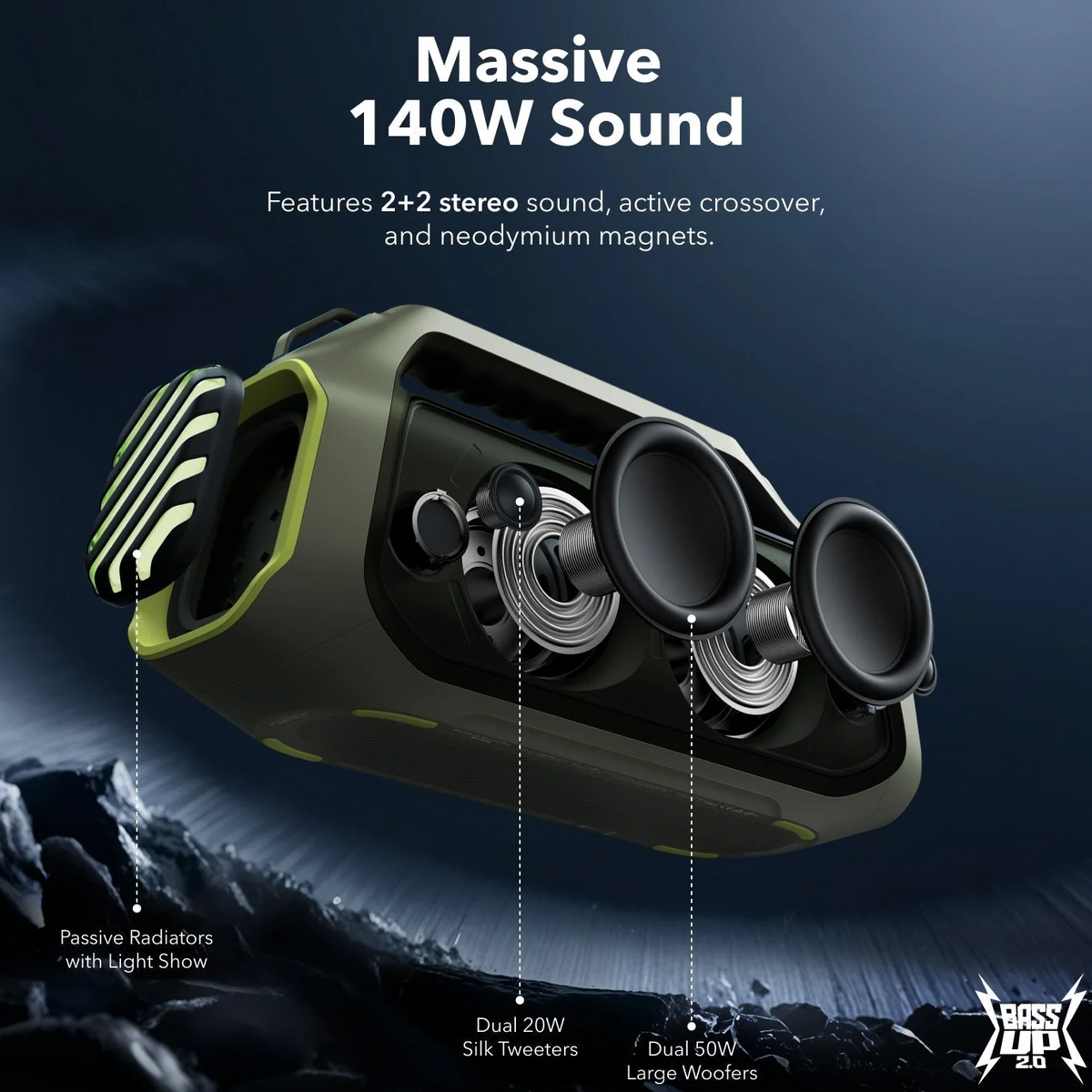 Kannettava Bluetooth-kaiutin Anker SoundCore Boom 2 Plus, 140W, TWS, RGB, vedenkestävä, vihreä, uudelleenpakattu A3134061