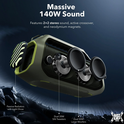 Kannettava Bluetooth-kaiutin Anker SoundCore Boom 2 Plus, 140W, TWS, RGB, vedenkestävä, vihreä, uudelleenpakattu A3134061
