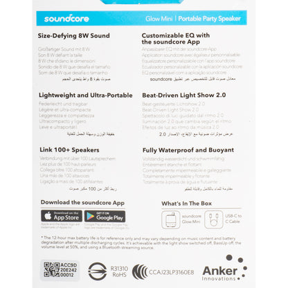 Kannettava Bluetooth-kaiutin Anker SoundCore Glow Mini, 8W, RGB, vedenpitävä, musta A3136G11 