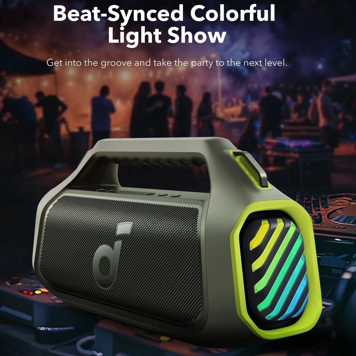 Kannettava Bluetooth-kaiutin Anker SoundCore Boom 2 Plus, 140W, TWS, RGB, vedenkestävä, vihreä, uudelleenpakattu A3134061