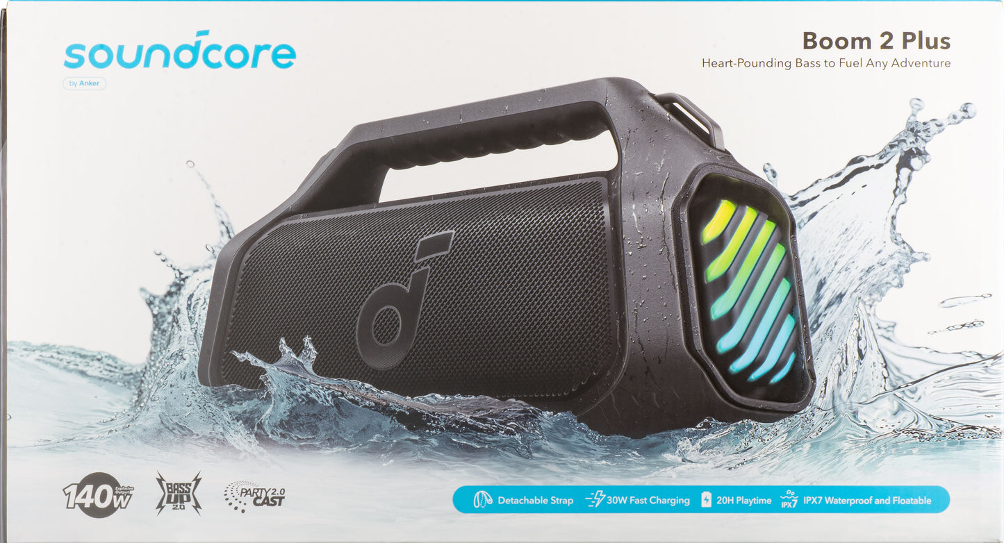 Anker SoundCore Boom 2 Plus kannettava Bluetooth-kaiutin, 140W, TWS, RGB, vedenkestävä, musta A3134011