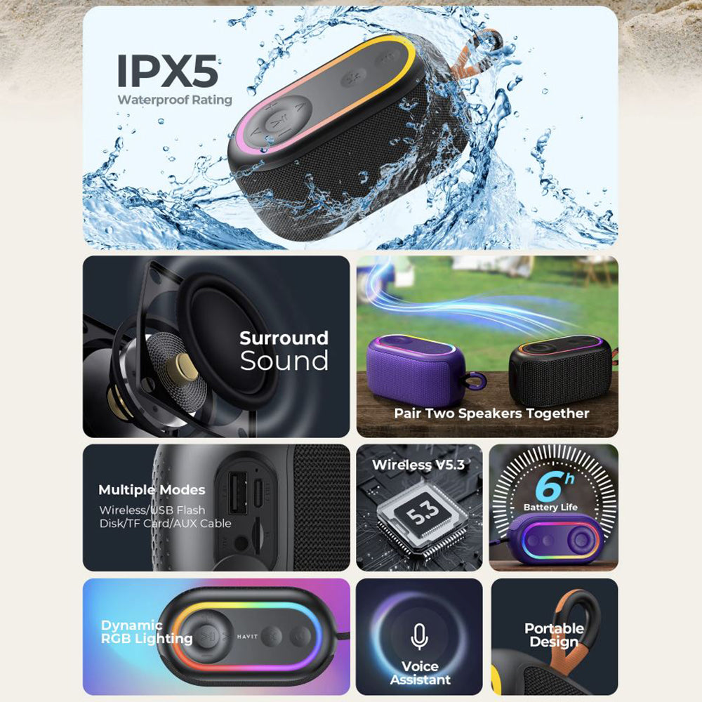 HAVIT SK809BT Portable Bluetooth Speaker, 7W, RGB, Waterproof, Purple