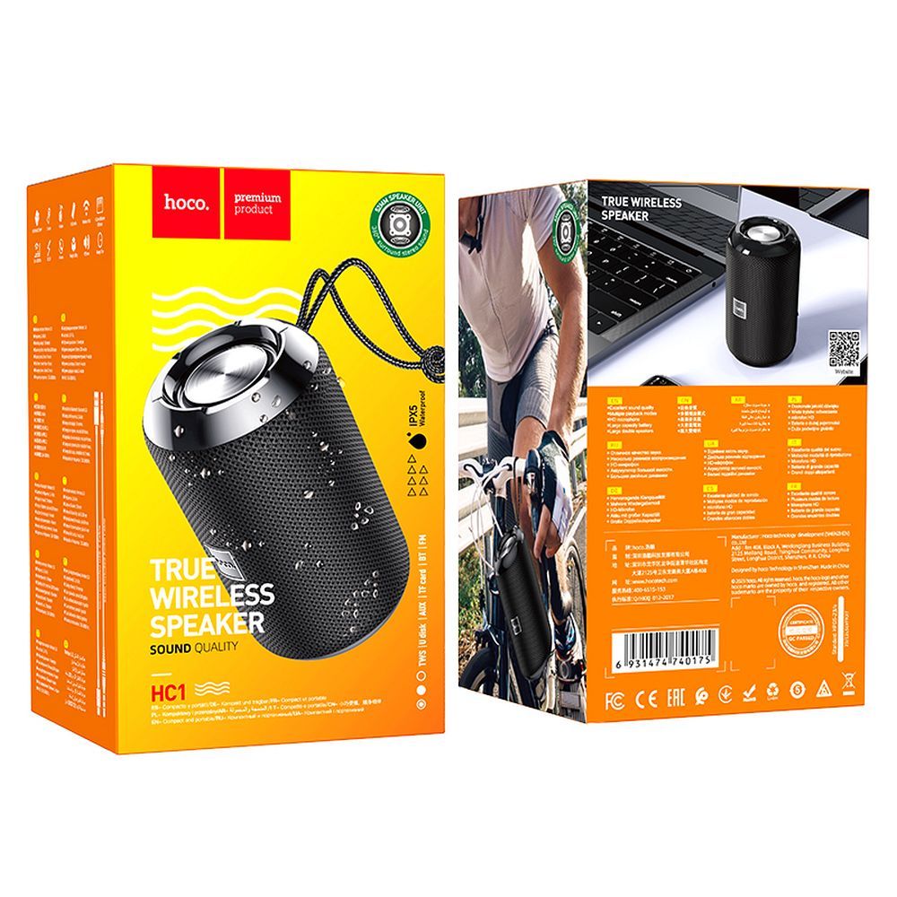 Kannettava Bluetooth-kaiutin HOCO HC1, 5W, TWS, Vedenkestävä, Musta