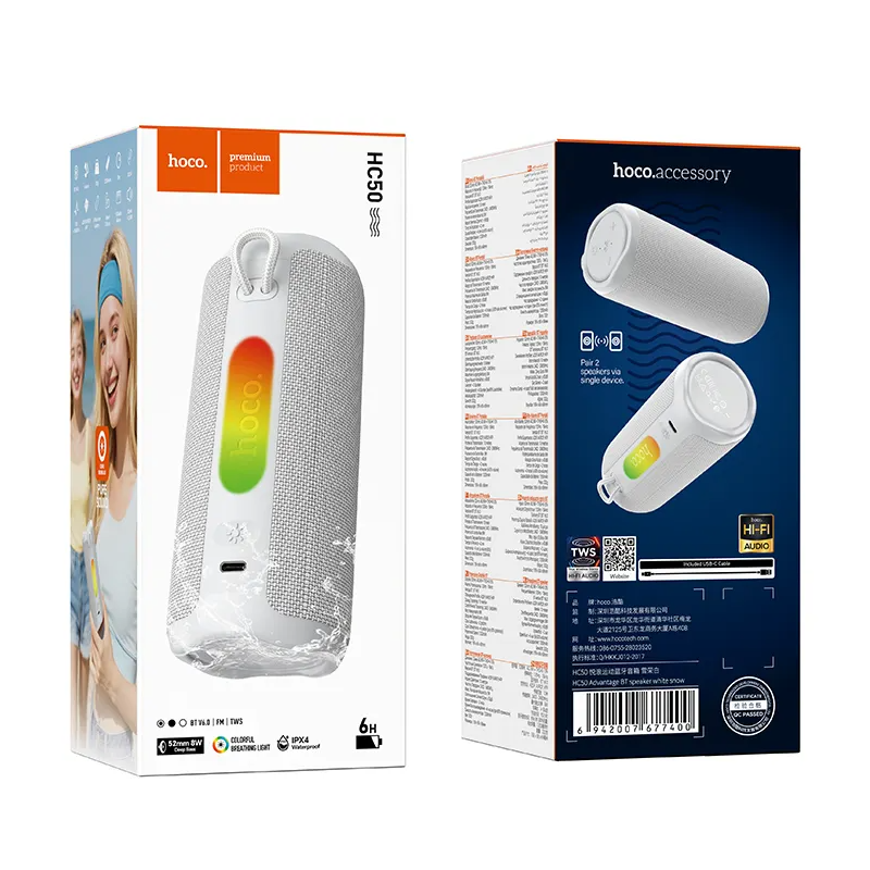 Kannettava Bluetooth-kaiutin HOCO HC50, 8W, TWS, RGB, Vedenkestävä, Valkoinen