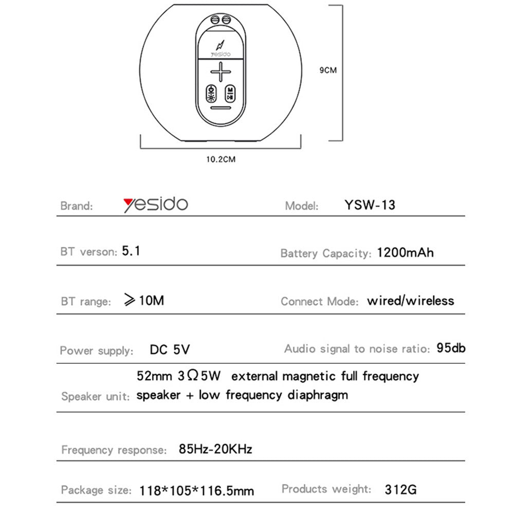 Kannettava Bluetooth-kaiutin Yesido YSW13, 5W, RGB, Sininen