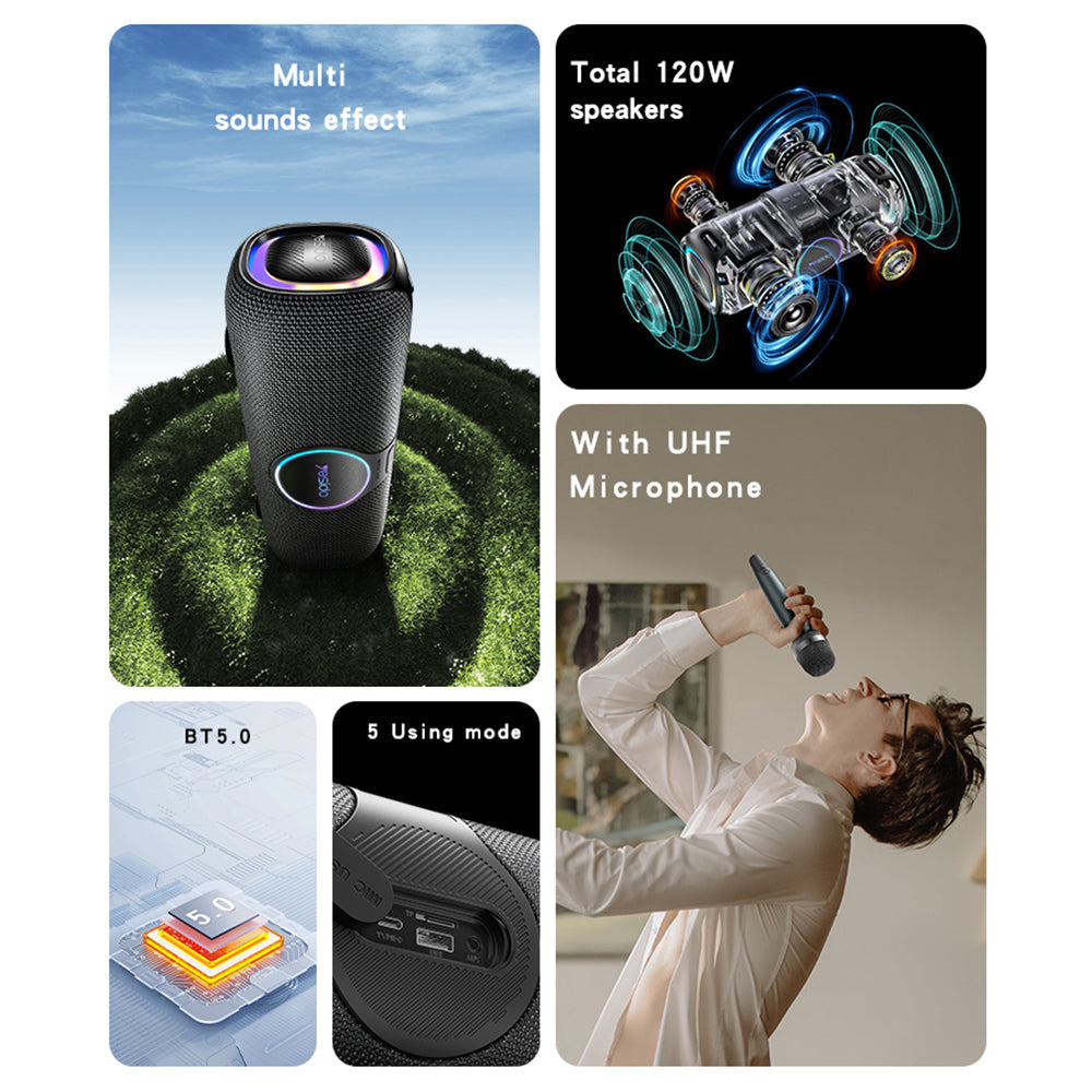 Bluetooth-kaiutin Yesido YSW21 Karaoke, 120W, RGB, Vedenkestävä, Musta