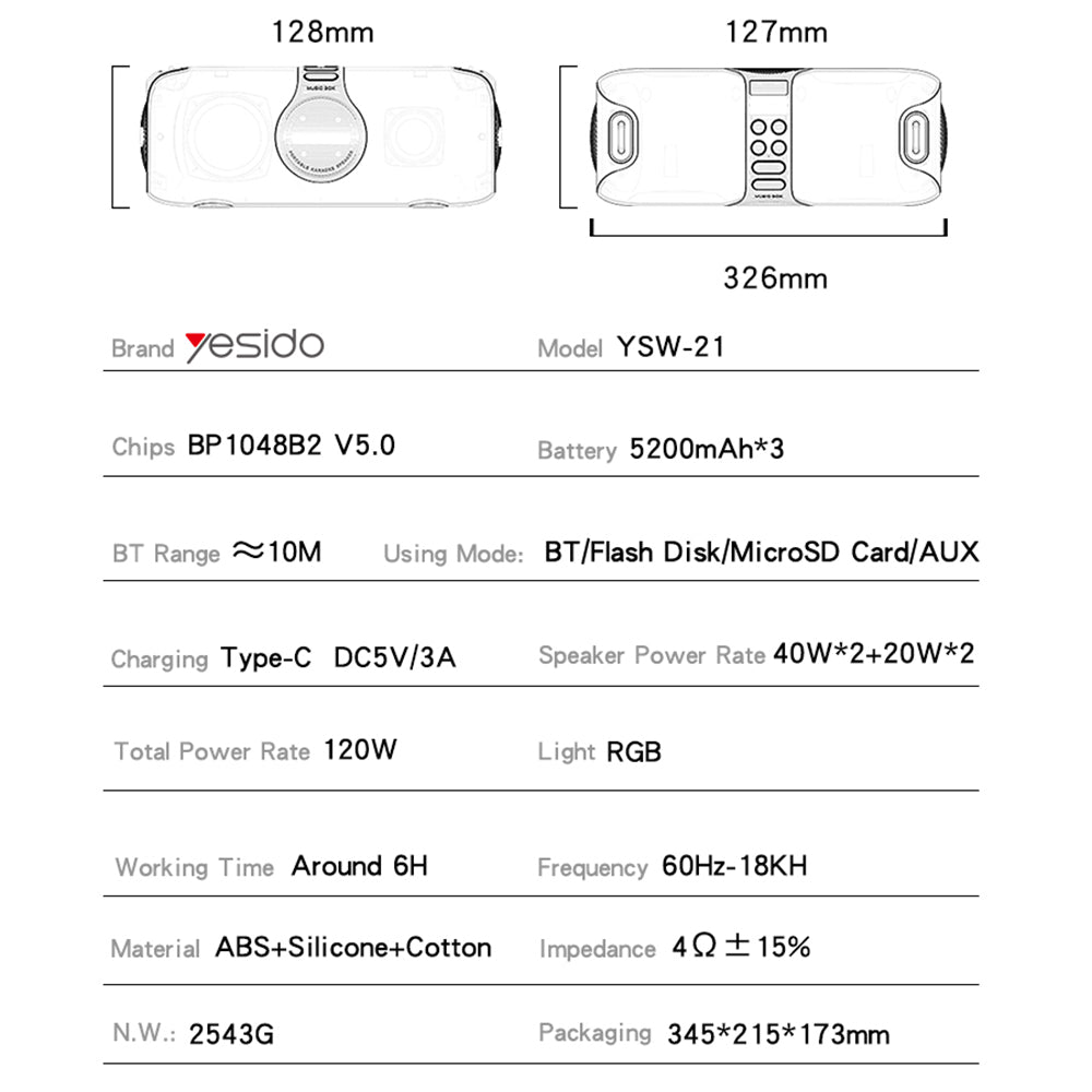 Bluetooth-kaiutin Yesido YSW21 Karaoke, 120W, RGB, Vedenkestävä, Musta