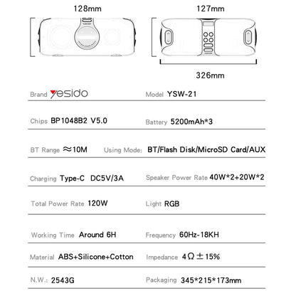 Bluetooth-kaiutin Yesido YSW21 Karaoke, 120W, RGB, Vedenkestävä, Musta