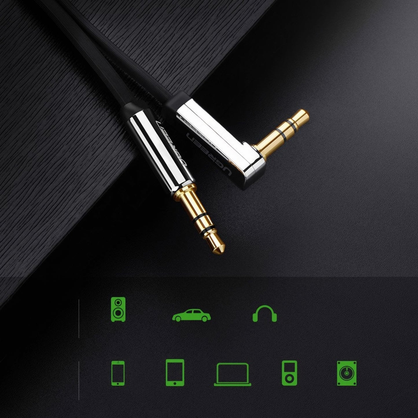 Audiojohto 3.5mm - 3.5mm UGREEN AV119 Angled, 2m, Musta