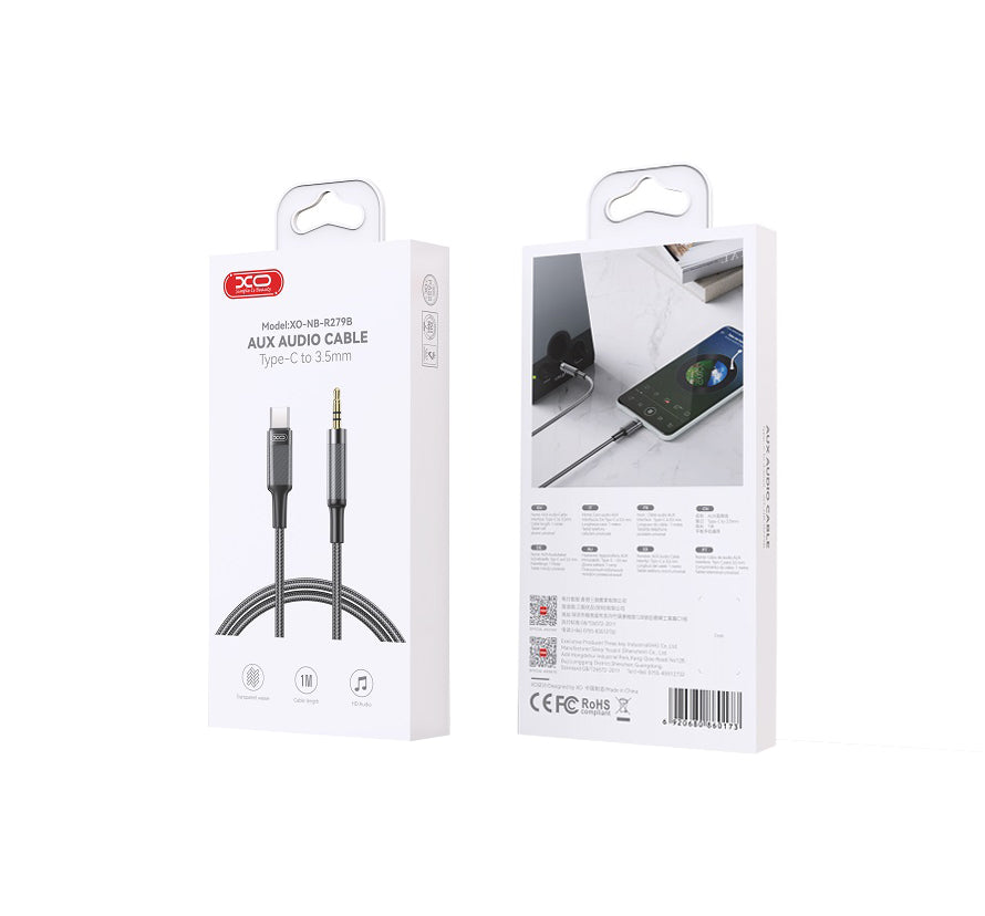 USB-C - 3,5 mm:n XO Design NB-R279B -audiokaapeli, 1 m, Musta