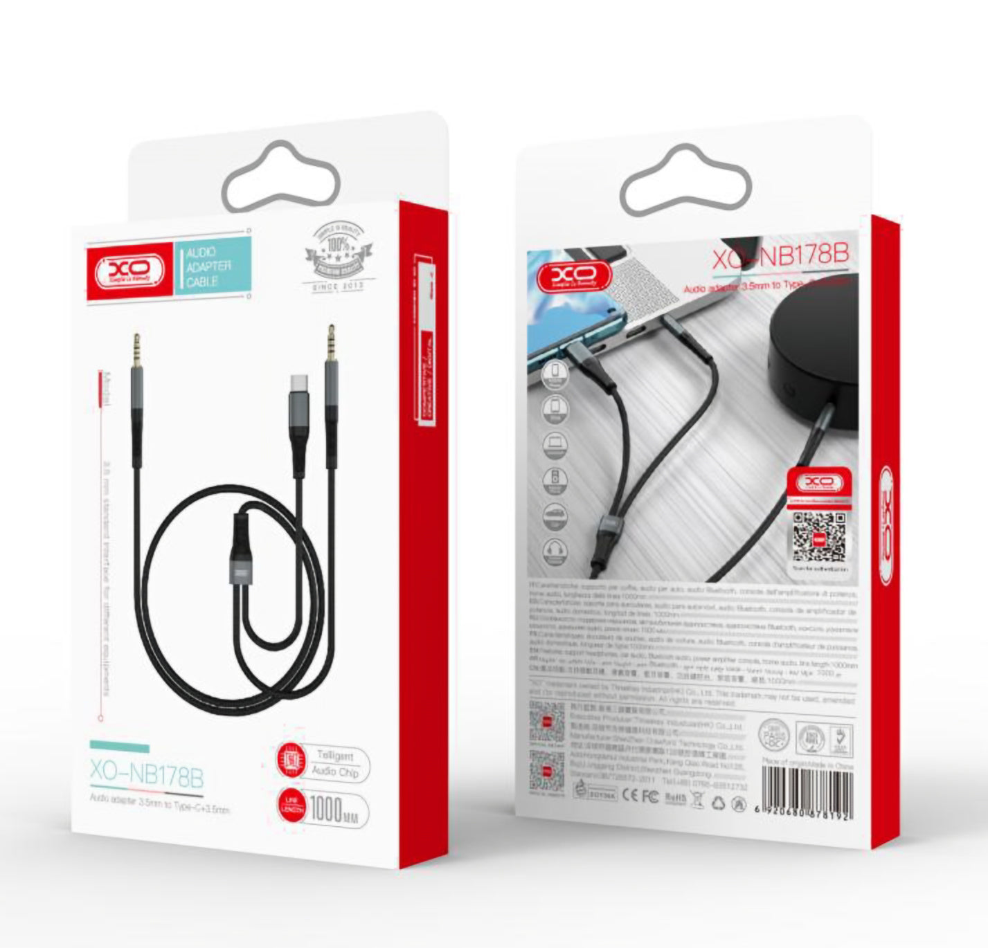 USB-C / 3.5mm - 3.5mm XO Design NB178B Audio Cable, 1m, Black